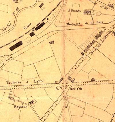 Plan 1869 Autour de la patte d'oie il n'y a que des champs. L'avenue de la gare n'existe encore pas.